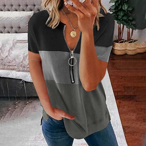 

women's t-shirt summer women t shirt contrast color v neck zipper short sleeve tee casual ladies t-shirts block femme #602, White