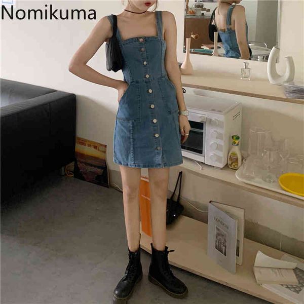 Nomikuma Robe Verão Spaghetti Strap Dress Mulheres Única Cintura Slim Cintura Mini Denim Vestidos Femininos Cor Sólida Vestidos 210514