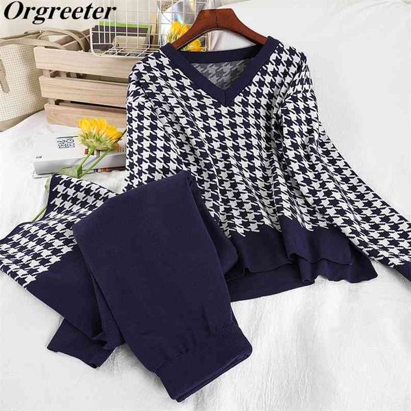 

houndstooth knitted tracksuit women v-neck loose split pullover sweater and wide leg trousers sets two piece outfits female 210602, White