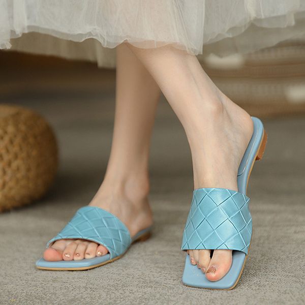 

slippers brands leather slippers weave women sandals open-toed flat casual slides summer outdoors feminine flip flops acr9, Black