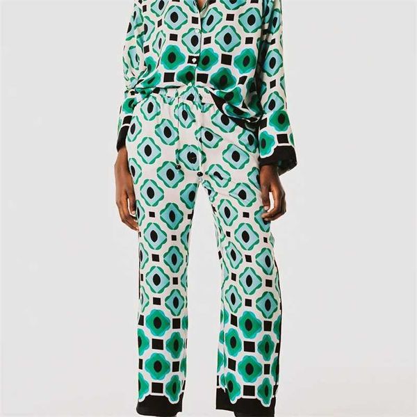 

traf women fashion geometric graphic print trousers retro high-waist drawstring side pockets women's trousers streetwear 211006, Black;white