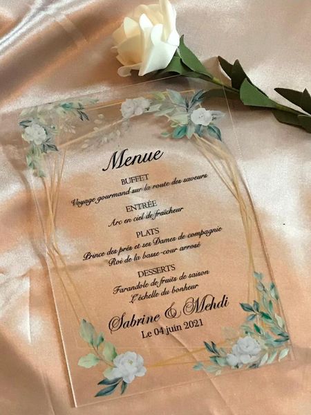 

white peony acrylic menu cards with base,10pcs custom cards,acrylic wedding invitations,acrylic menu,dinner menus greeting
