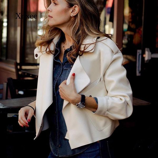 

women's leather & faux 2021 spring and autumn ladies jacket pu lapel pocket short coat clothing, Black