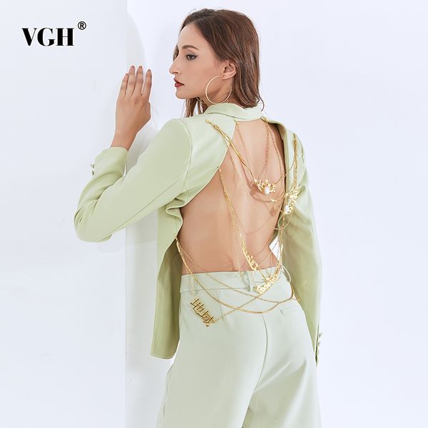 

vgh patchwork cross chain blazer for women notched long sleeve backless black coat female fall fashion new clothing 210421, White;black