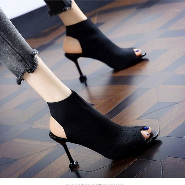 

boots european and american fish mouth shoes open toe sandals women's 2021 summer thin heel knitted elastic roman high1, Black