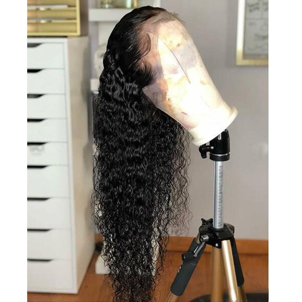 

black loose curly synthetic lace front wig baby hair water wave heat resistant fiber hair half hand tied wigs for women wigs for black women