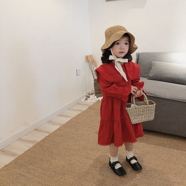 

fashion girls big turn-down collar lace layered dress kids cotton red long sleeve dresses 1-7y 210508, Red;yellow