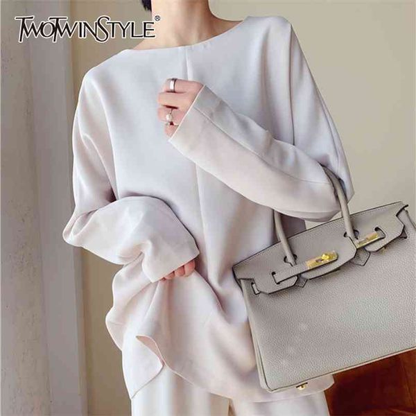 

twowinsyle solid basic shirt for women o neck long sleeve minimalist white shirts female spring fashion clothing 210524