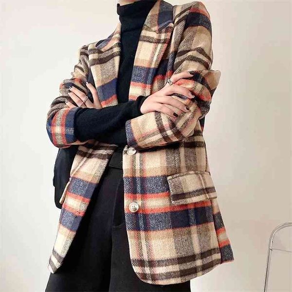 Mulheres vintage manga comprida casacos de lã moda senhoras espessura xadrez casaco feminino streetwear elegante meninas jaqueta chique tops 210520