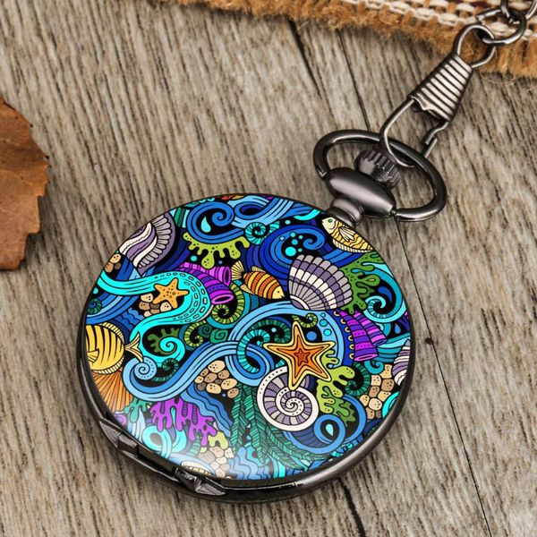 

pocket watches fashion vintage black graffiti pattern quartz watch smooth pendant fob clock gift children with chain, Slivery;golden