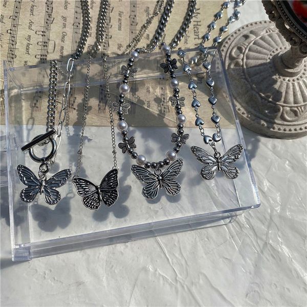 

2021 goth harajuku butterfly pearl beads pendant chain choker necklace for women egilr friends punk animal trendy jewelry gifts, Silver