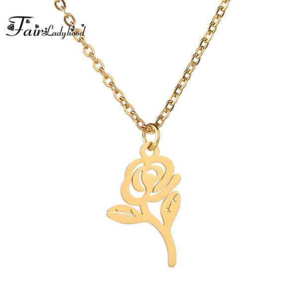 

pendant necklaces fairladyhood charm stainless steel hollow rose necklace women lotus tree of life flower jewelry, Silver