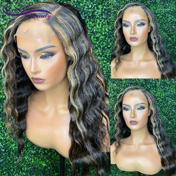 

highlight colored wave 13x4 lace frontal wig human hair wigs 180 front pre plucked bleached knots remy1, Black;brown