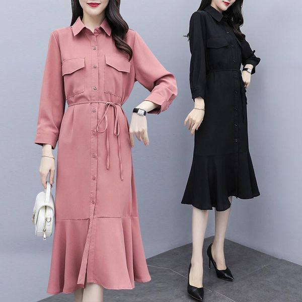 

casual dresses 2021 dress shirt fashion clothes for women office lady loose robe midi tunic elegant vestidos, Black;gray