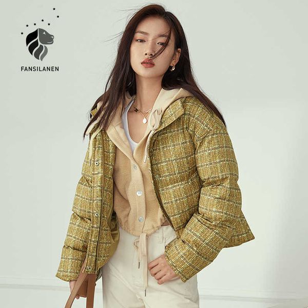 

fansilanen short casaul plaid parka women white quilted puffer winter jacket overcoat female streetwear vintage wram plush coat 210607, Black