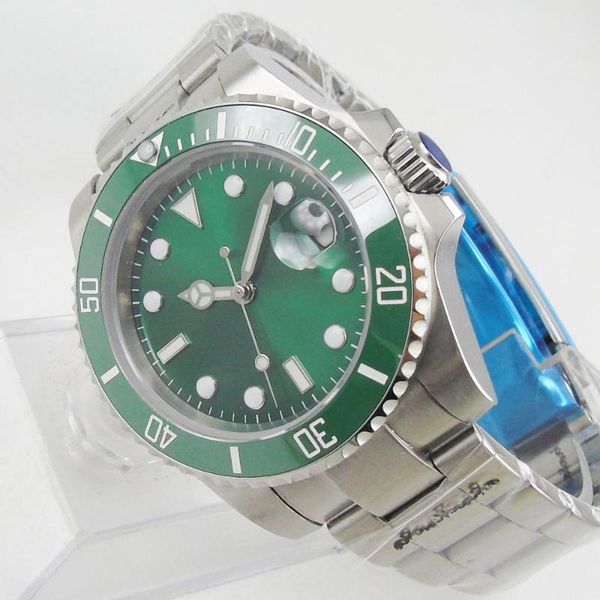 

wristwatches automatic mens watch green sunburst dial 24 jewels nh35 miyota 8215 brushed steel bracelet screw crown sapphire crystal, Slivery;brown