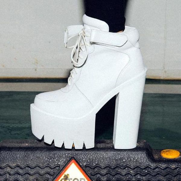 

boots female for women autumn platform chunky heel ankle women's shoes lace up buckle strap mature goth on sale, Black