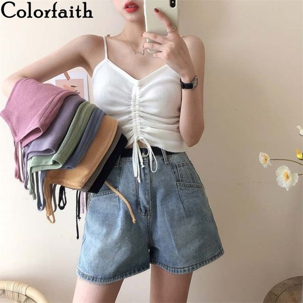 

summer women knitting drawstring 8 colors tank basic bottoming elasticity vest short v6683 210427, White