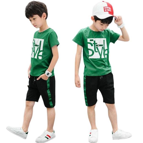 Meninos Summer Suits Sports Children's Sleeved Camiseta + Calça curta 2PC Conjuntos de roupas Big Children 4-12 Vestuário de idades