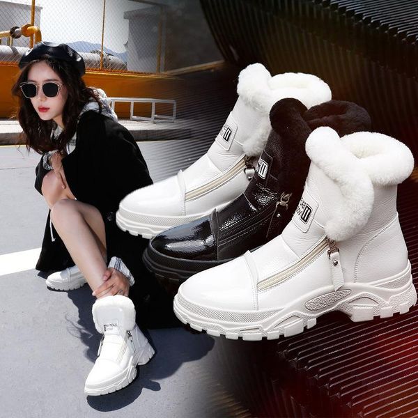 

boots winter women snow style 2021 fashion thick bottom women's genuine leather warm plush boot female mid-calf shoes9, Black