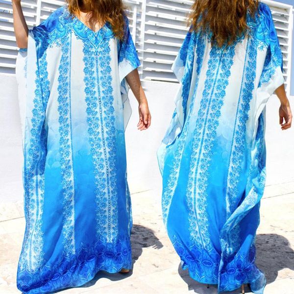 Blue Kaftan Beach Cotton Crate Up 2021 летние женщины-пляжные тунику Негабаритная бикини