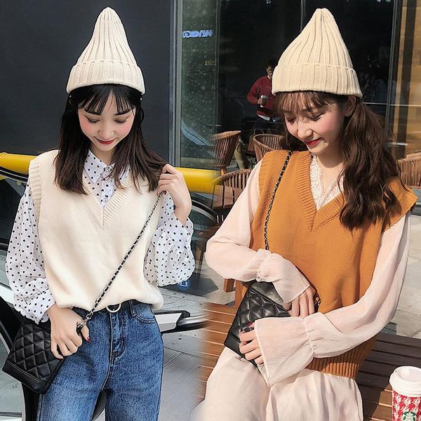 

women's vests pull sans manches femme sleeveless women vest sweater students white pullover knitted loose 2021 autumn winter casual jum, Black;white