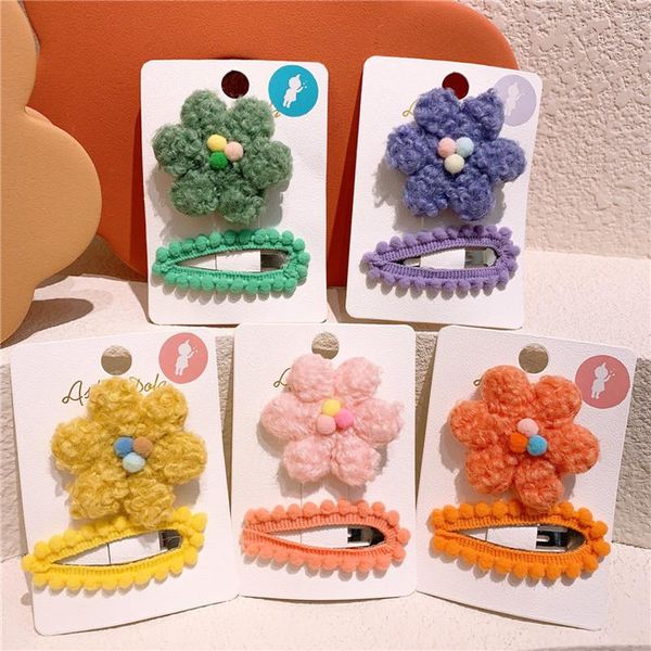 

hair accessories 2 pcs beautiful colorful plush flowers hairpins fashion sweet girl children simple cute hairball bb clip, Slivery;white
