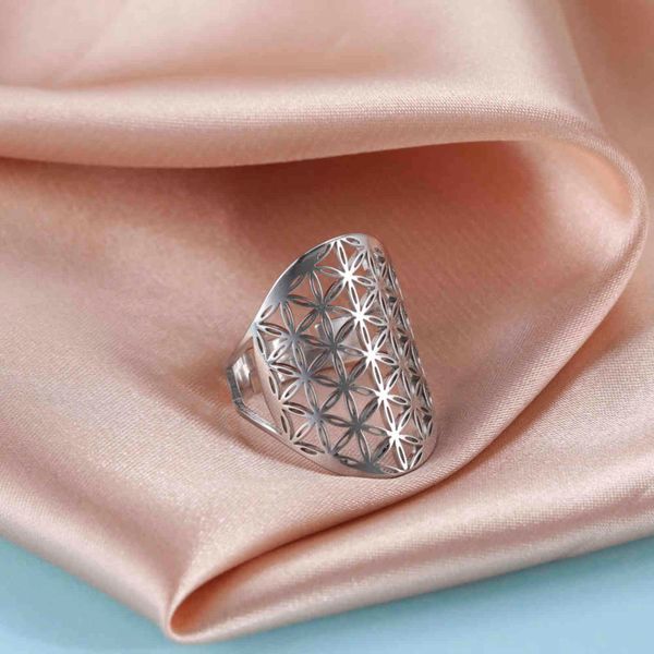 

lucktune stainless steel flower of life rings for women men angel seal archangel metatron adjustable stainless steel jewelry g1125, Slivery;golden