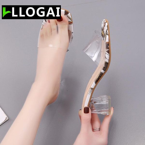

woman crystal high heels slippers women square toe slides ladies transparent print female thick heel shoe women's slipper, Black