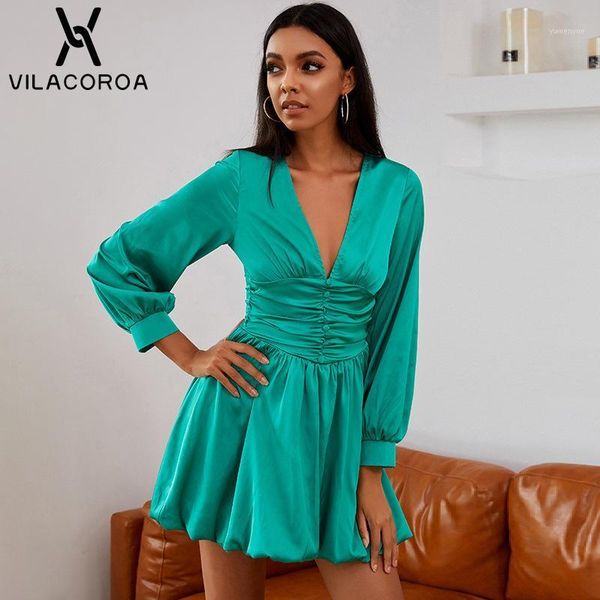 

casual dresses women's v-neck lantern sleeve mini dress female high waist pleated slim elegant satin a-line zipper street, Black;gray