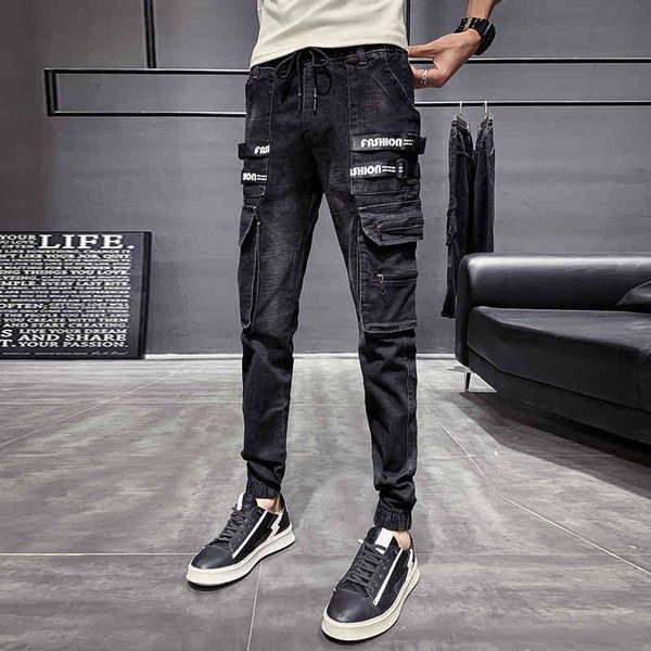 

jeans 2021 skinny korean slim fit denim sidewalk decoration hip hop loaded men's casual pants black men 36 r76r, Blue