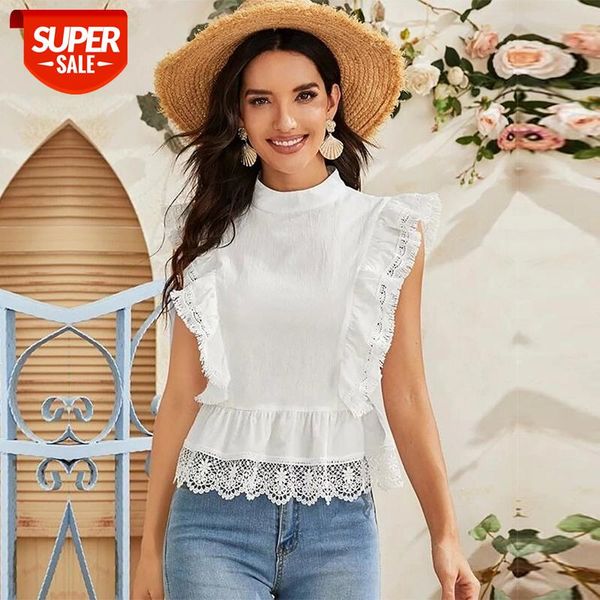 

2020 New Summer Casual Cotton Lace Shirt Top Women White Ruffles Sleeveless Stand Collar Top #VH3K