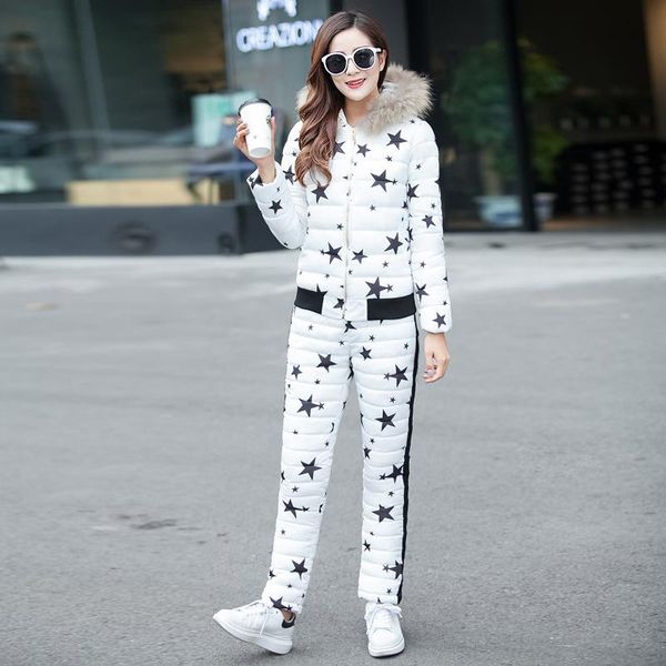 

women's tracksuits tracksuit for women 2021 winter fashion star printed fur down cotton coat jacket +pants suit female 2 piece set, Gray