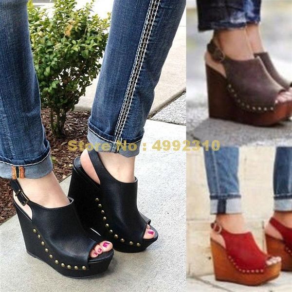 

sandals big size 34-47 wedges shoes party women peep toe platform high heels, Black
