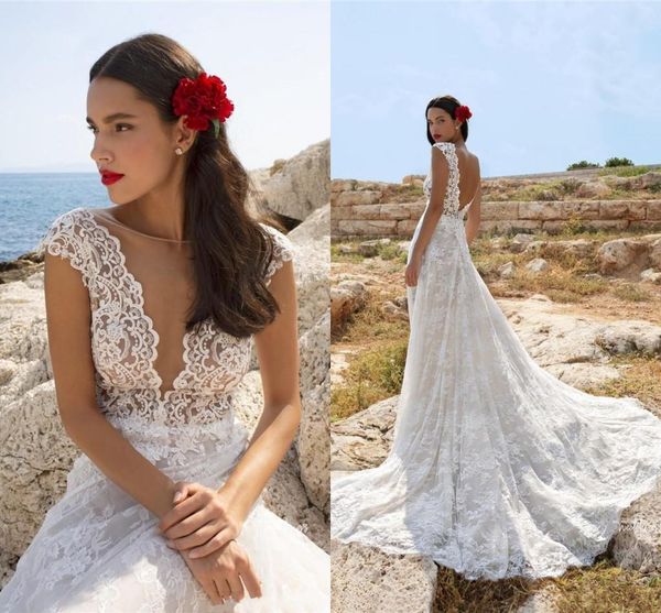 

backless beach wedding dresses lace applique scoop neck short cap sleeves illusion sheer tulle sweep train custom made bridal gown vestido d, White