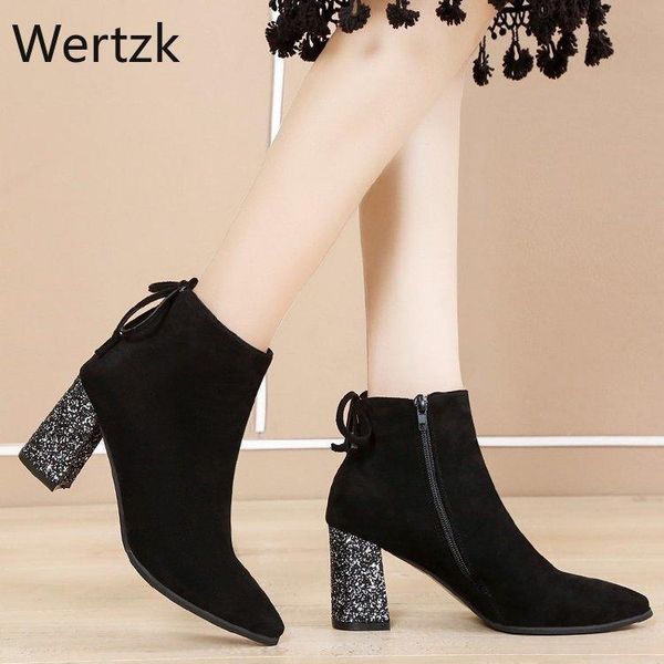

boots 2021 pointed ankle for women faux suede slim square heel winter zipper zapatos de mujer, Black