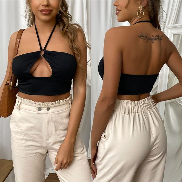 Chronstyle sexy verão tanque colete slim cor sólida cor círculo círculo orifício fronteira sutiã sutiã bralette colheita baixo peito wild tops wear x0507