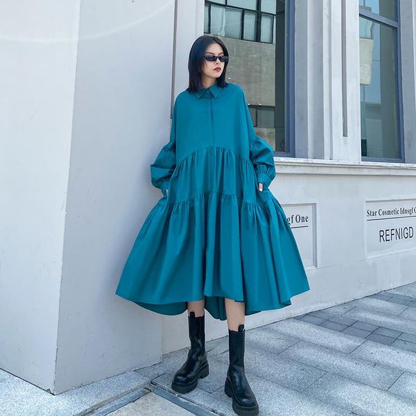

casual dresses french vintage shirt dress wind big size women's bubble sleeves blue white black a-line korean preppy girl vestidos, Black;gray