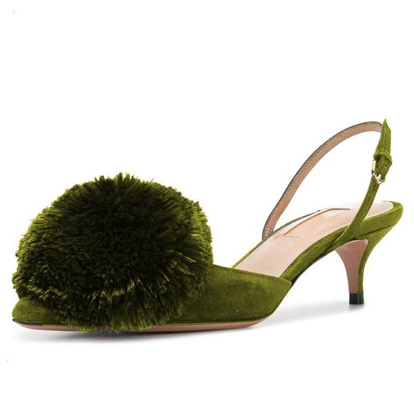 

dress shoes lovirs women cute pom-poms kitten heels velvet pointed toe slingback pumps low 6.5cm heel sandals evening party ra6d, Black