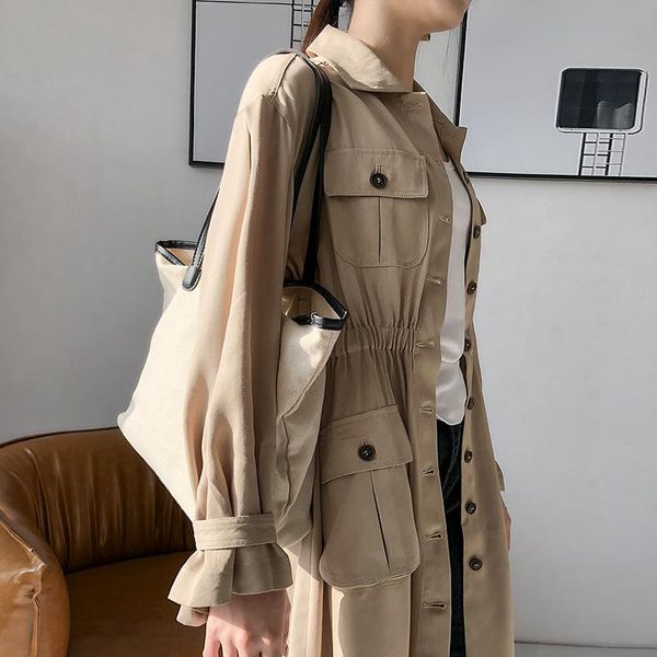 

women's trench coats 2021 korean autumn women fashion casual jackets lapel single breasted tencel elastic waist pockets long coat, Tan;black