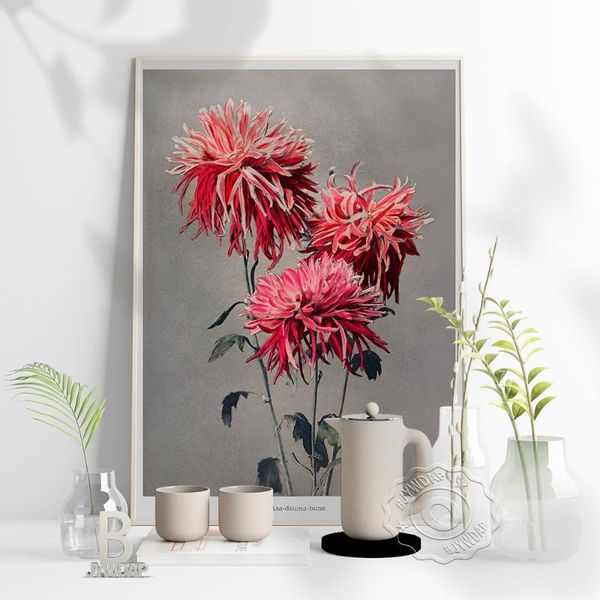 

paintings three red chrysanthemum poster, modern minimalist flower leaf art canvas painting, plant foyer living room wall home decor