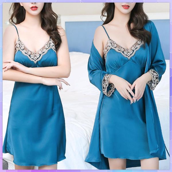 

women's sleepwear lace pajamas set women 2pc strap dress ice silk sleep suit spring autumn home wear nightwear robe gown, Black;red
