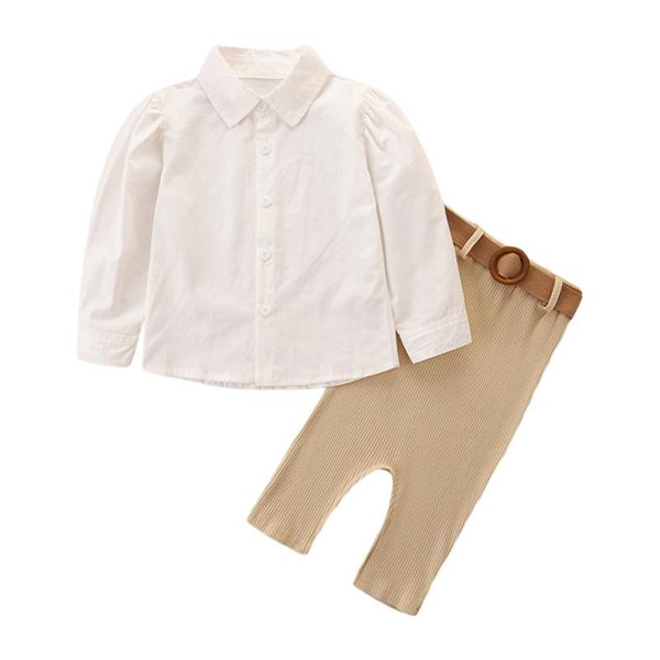 

clothing sets autumn kids girls suit set solid color turn-down collar long sleeve shirt+ midi skirt+ waist belt white clothes 1-6year