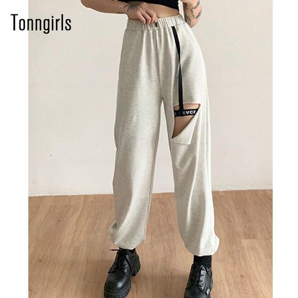 

women's pants & capris tonngirls streetwear women harem casual loose elastic waist sweatpants ripped grey trousers female summer jogger, Black;white