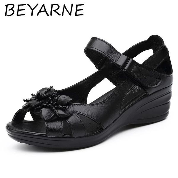 

sandals beyarne2021summer flowers fish mouth real leather shoes summer women flat wedges light comfort fashion, Black