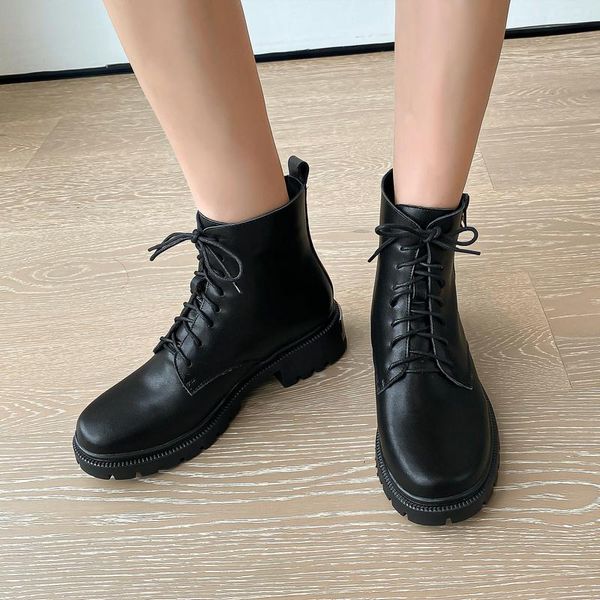

boots genuine leather women's ankle motorcycle vintage retro side zipper chunky high heels winter shoes woman size 41 42, Black