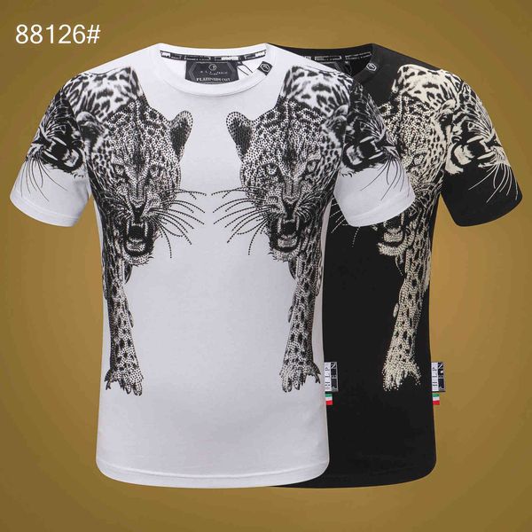 

brand philippe summer fashion men's diamond double tiger head personality cool slim short sleeve t-shirt pp wear, White;black