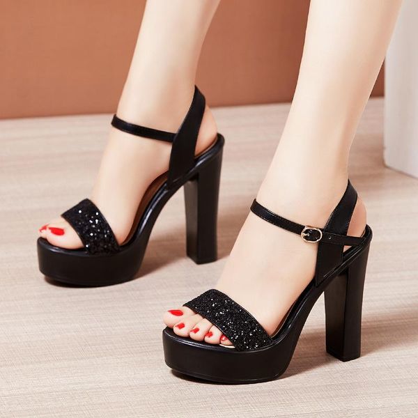 

women's high heels wedding shoes summer platform sandals 2021 fashion sequins ladies plus size 33-43, Black