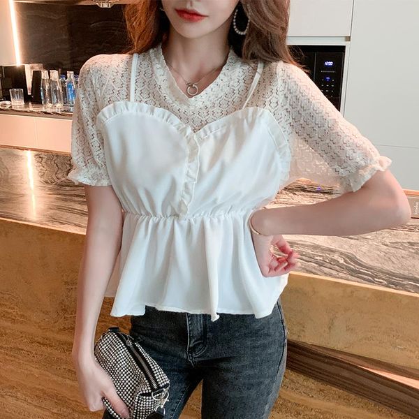 

women's blouses & shirts shirt lace cotton women hollow out long sleeve solid patchwork clothing o-neck fake two female, White