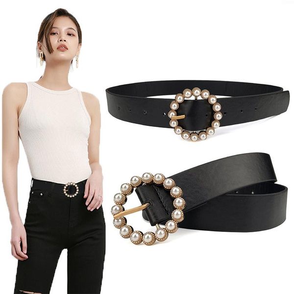 

belts style ladies pu leather belt with pearl buckle decoration trousers women fashion woman for dress luxury cowboy brand, Black;brown